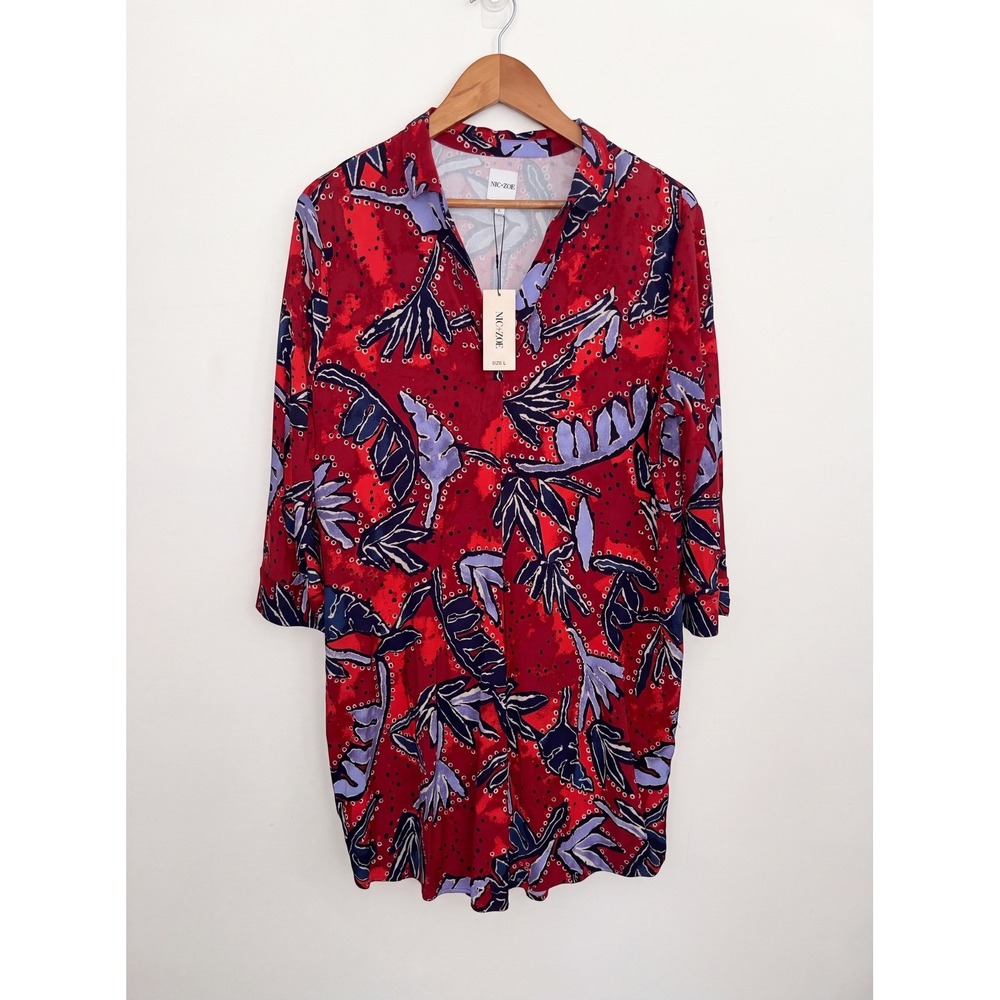 NIC+ZOE Whimsigoth Red Floral Leaf Print Shift Dress Bohemian Fall Style Size L